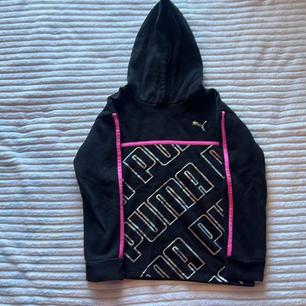 Black puma hoodie with pink stripes and silver letters